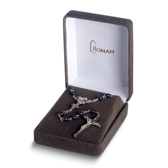 Silver-tone Blue Glass Bead Communion Boxed Rosary - Picture 2 of 3